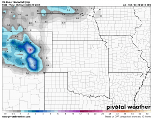 GFS projected snowfall by Saturday PM