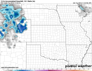 GFS now shows 2.6 inches of accumulation for the Castle Rock area by noon Tuesday.