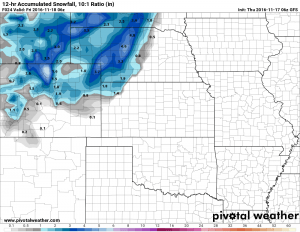 GFS model snowfall accmulation by 11PM Thursday.