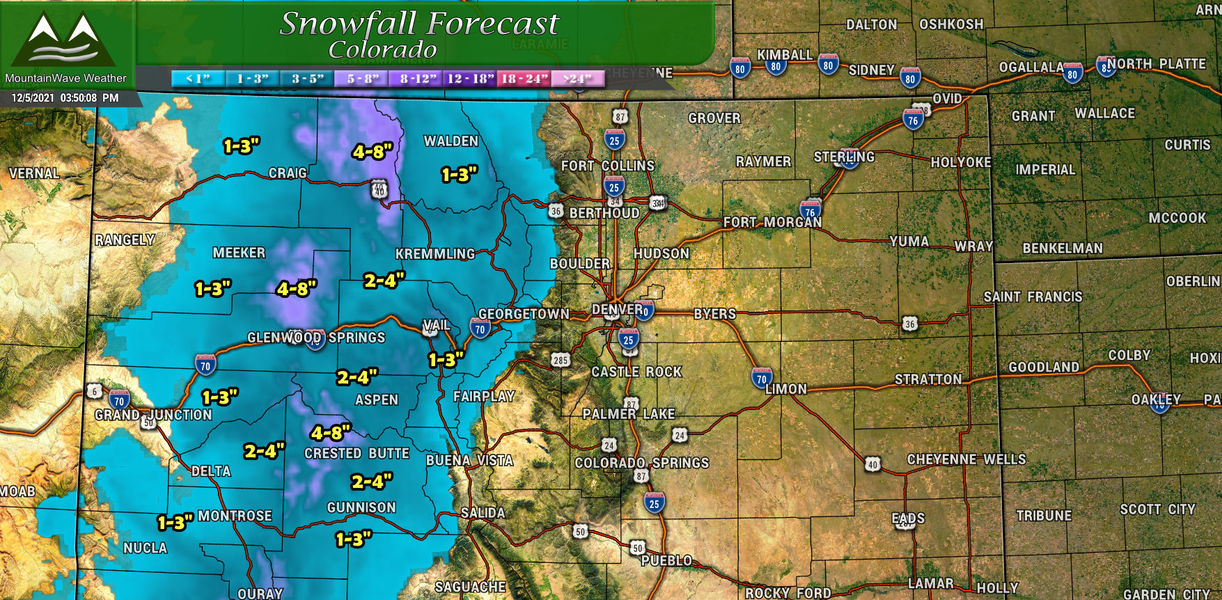 Colorado snowfall forecast through Weds 5AM 12/8/2021